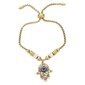 Stone Paved Evil Eye Pendant Pull Tie Cinch Hamsa Bracelet